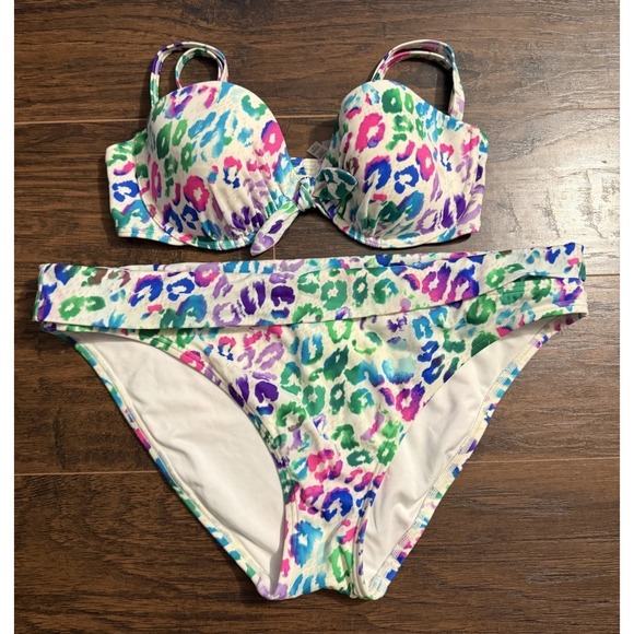 Victoria's Secret Other - Victoria's Secret Bikini Set 36C XL Colorful Leopard Print Push Up Swimwear EUC